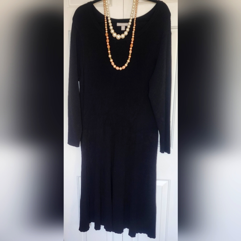 Plus Sz Blk Long Sleeves Ribbed Midi Sweater Dress